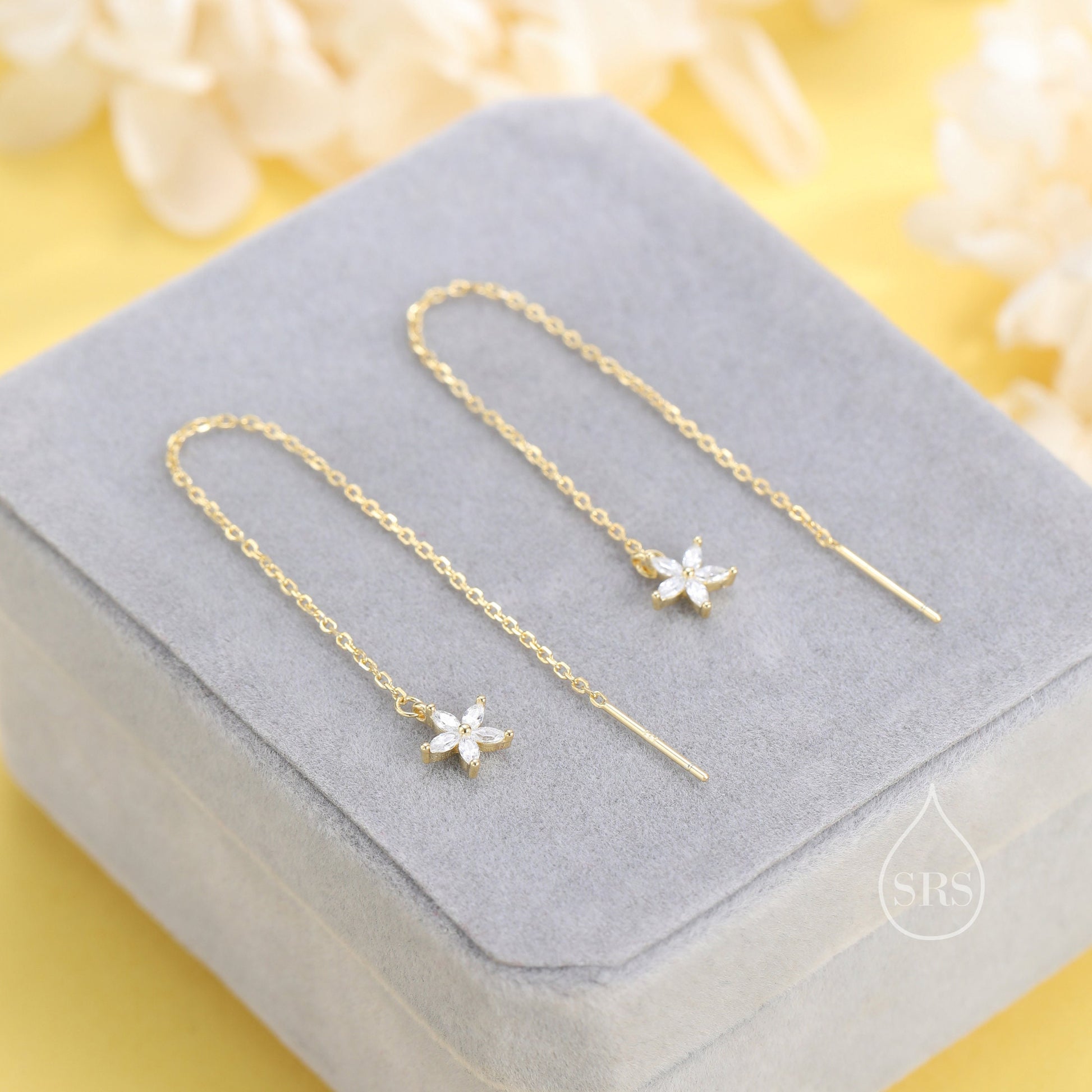 CZ Flower Threader Earrings in Sterling Silver, Silver or Gold, Forget-me-not Floral Ear Threaders, Sparkly CZ Threaders