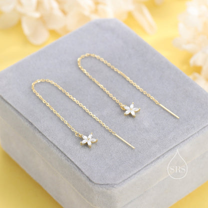 CZ Flower Threader Earrings in Sterling Silver, Silver or Gold, Forget-me-not Floral Ear Threaders, Sparkly CZ Threaders
