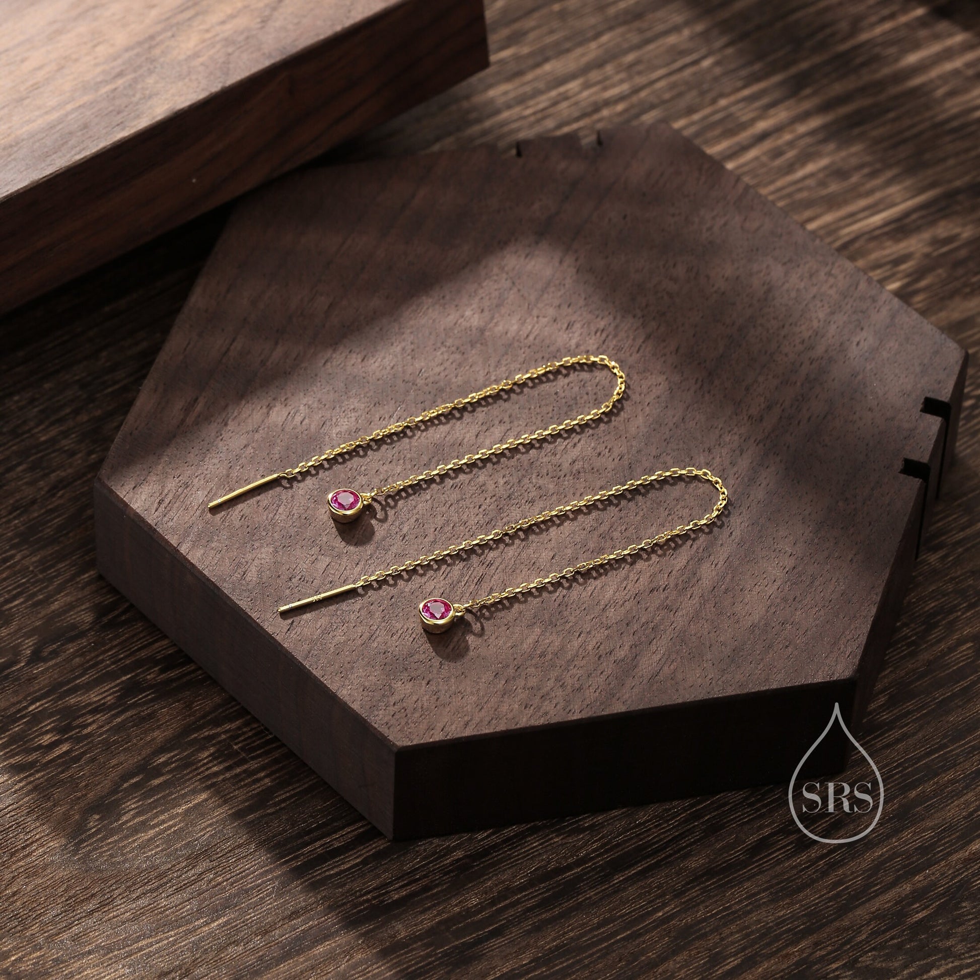 Ruby Pink CZ Dot Threader Earrings in Sterling Silver, Silver or Gold, Minimalist Double Piercing Ear Threaders, July Birthstone, Hot Pink