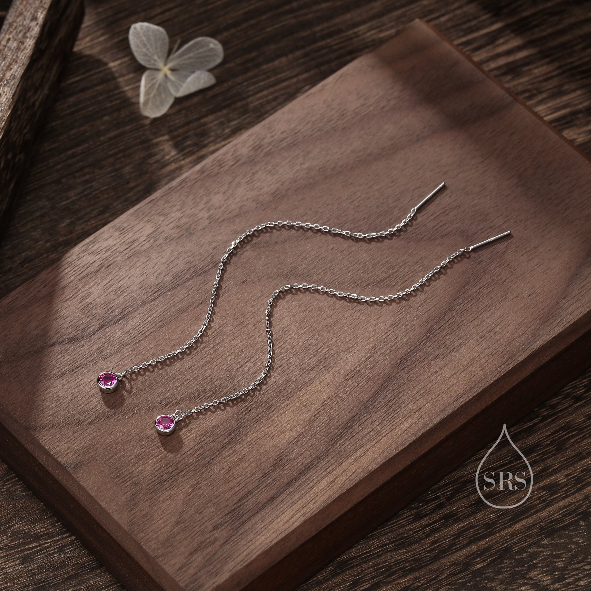 Ruby Pink CZ Dot Threader Earrings in Sterling Silver, Silver or Gold, Minimalist Double Piercing Ear Threaders, July Birthstone, Hot Pink