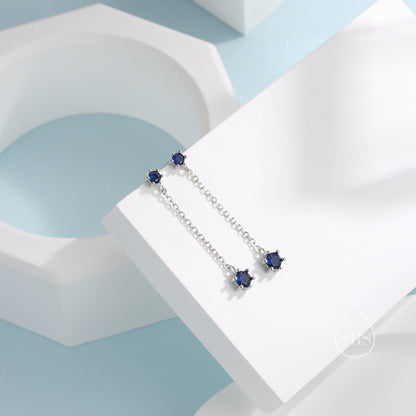 Sapphire Blue CZ Dangle Chain Stud Drop Earrings in Sterling Silver, Silver or Gold, Geometric Double CZ Chain Earrings, CZ Drop Earrings