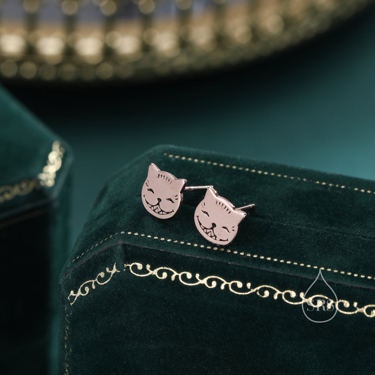 Cheshire Cat Stud Earrings in Sterling Silver, Silver or Gold or Rose Gold, Alice Fairy Tale Earrings