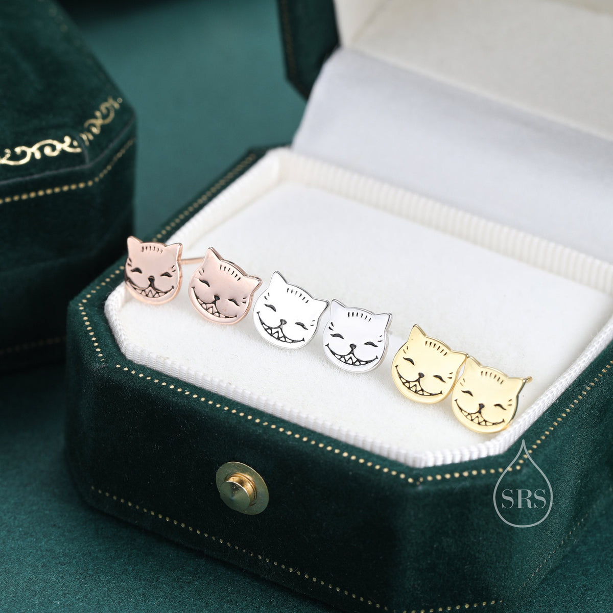 Cheshire Cat Stud Earrings in Sterling Silver, Silver or Gold or Rose Gold, Alice Fairy Tale Earrings