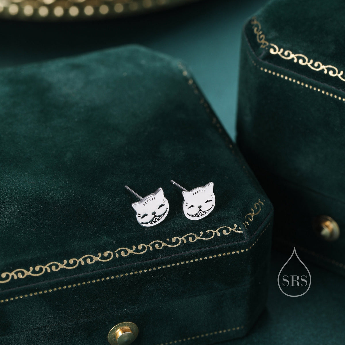 Cheshire Cat Stud Earrings in Sterling Silver, Silver or Gold or Rose Gold, Alice Fairy Tale Earrings