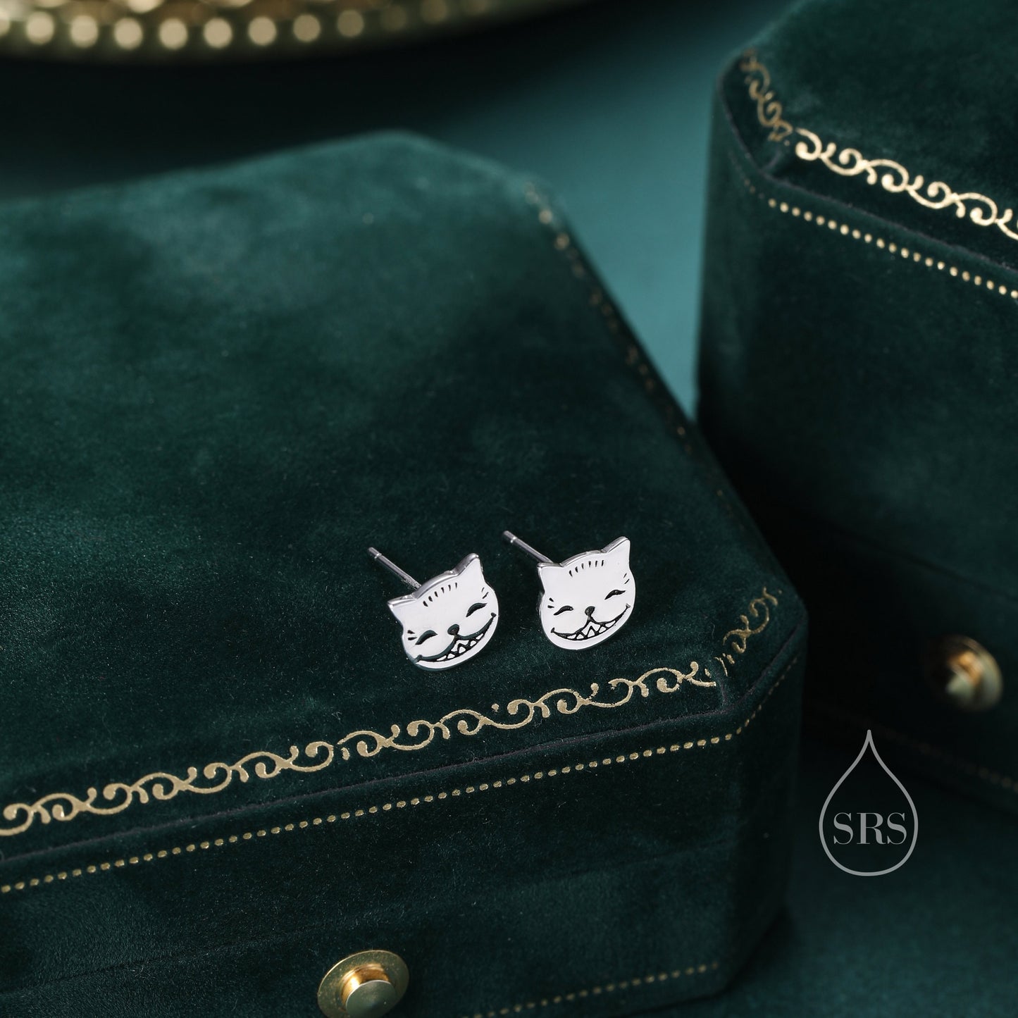 Cheshire Cat Stud Earrings in Sterling Silver, Silver or Gold or Rose Gold,  Alice Fairy Tale Earrings