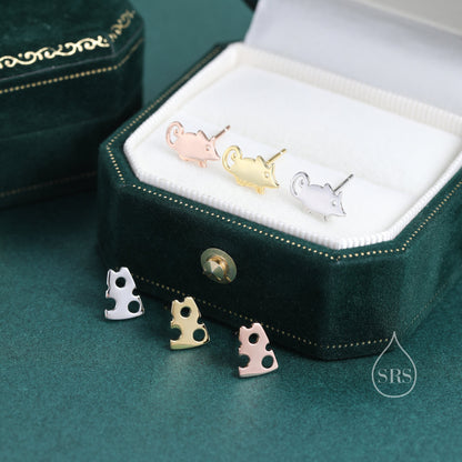 Mouse and Cheese Stud Earrings in Sterling Silver, Cute Fun Quirky Animal Jewellery, Animal Lover, Nature Inspired