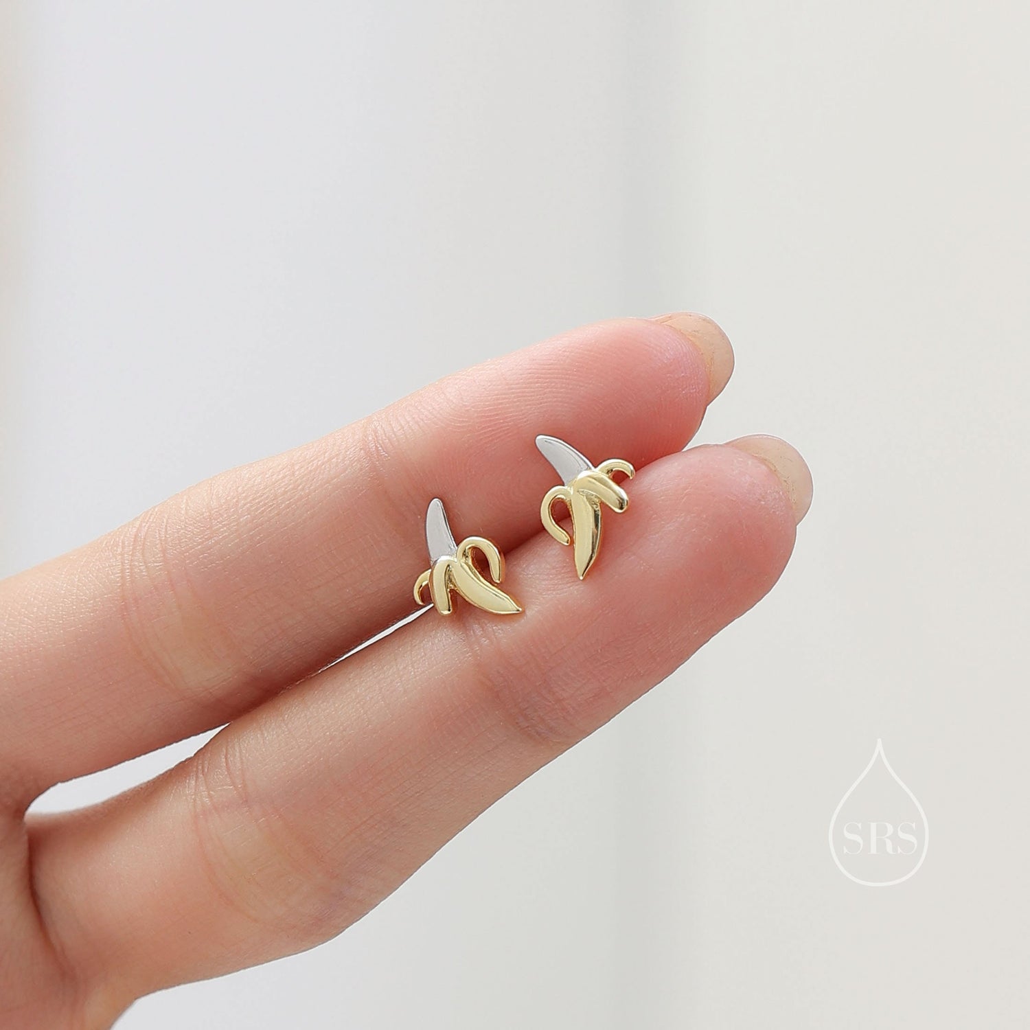 Tiny Banana Stud Earrings in Sterling Silver with Partial Gold Plate, Cute and Quirky Food Jewellery, Fruit Earrings, Banana Earrings