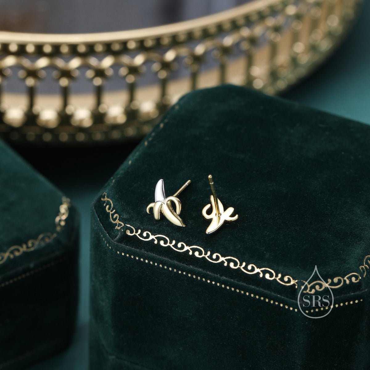 Tiny Banana Stud Earrings in Sterling Silver with Partial Gold Plate, Cute and Quirky Food Jewellery, Fruit Earrings, Banana Earrings