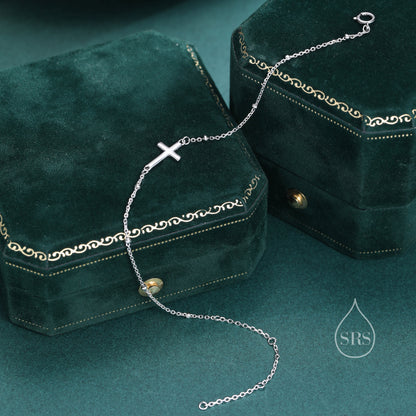 Dainty Cross Bracelet/Anklet with Satellite Chain in Sterling Silver, Silver or Gold or Rose Gold, Minimal Cross Bracelet, Minimalist