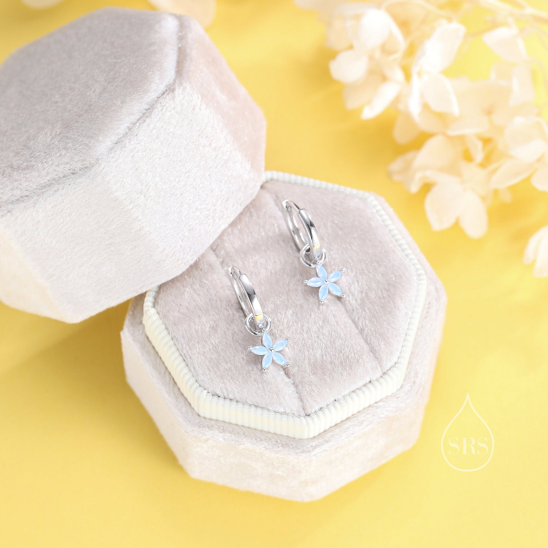 Flower CZ Huggie Hoop in Sterling Silver, Opal Blue or Opal Pink Flower Hoops, Silver or Gold, Detachable and Interchangeable Flower Charms
