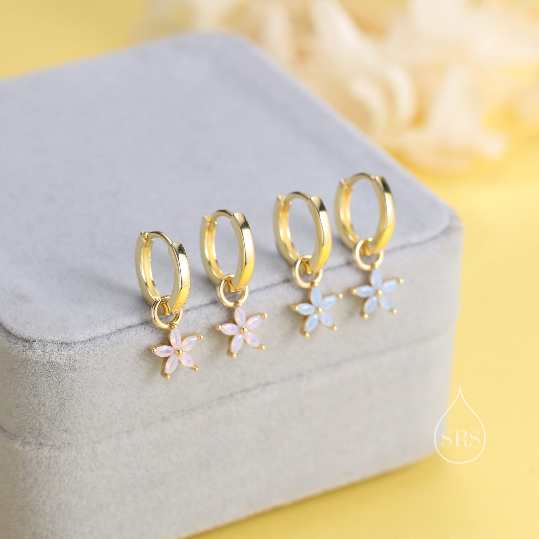 Flower CZ Huggie Hoop in Sterling Silver, Opal Blue or Opal Pink Flower Hoops, Silver or Gold, Detachable and Interchangeable Flower Charms