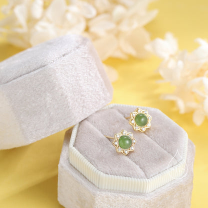 Vintage Inspired Jade Flower CZ Stud Earrings, Jade Halo CZ Earrings, Natural Jasper Jade Earrings, Jade CZ Earrings