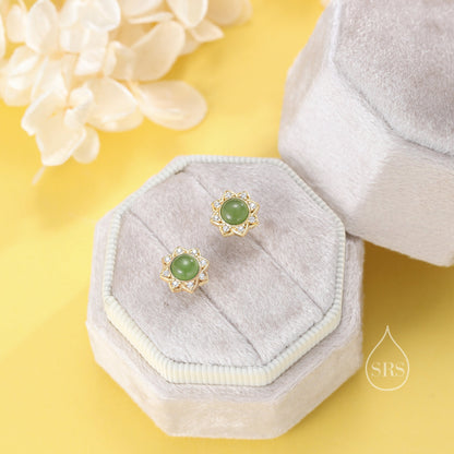 Vintage Inspired Jade Flower CZ Stud Earrings, Jade Halo CZ Earrings, Natural Jasper Jade Earrings, Jade CZ Earrings