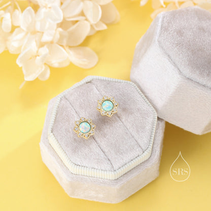 Vintage Inspired Aqua Green Opal Flower CZ Stud Earrings, Lab Opal Halo CZ Earrings, Green Opal Earrings, Vintage Style Opal  CZ Earrings