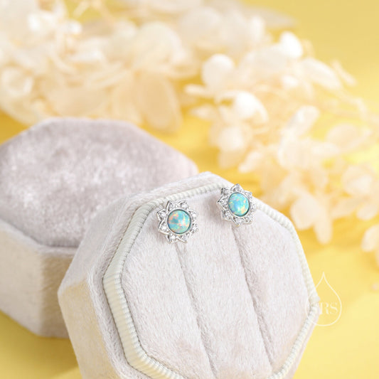 Vintage Inspired Aqua Green Opal Flower CZ Stud Earrings, Lab Opal Halo CZ Earrings, Green Opal Earrings, Vintage Style Opal CZ Earrings