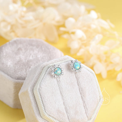 Vintage Inspired Aqua Green Opal Flower CZ Stud Earrings, Lab Opal Halo CZ Earrings, Green Opal Earrings, Vintage Style Opal  CZ Earrings