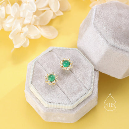 Vintage Inspired Green Onyx Flower CZ Stud Earrings, Green Agate Halo CZ Earrings, Natural Green Jade Earrings