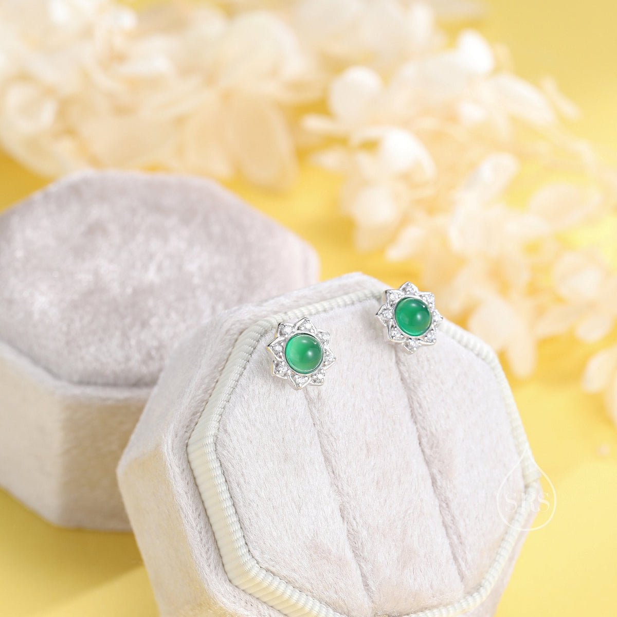 Vintage Inspired Green Onyx Flower CZ Stud Earrings, Green Agate Halo CZ Earrings, Natural Green Jade Earrings