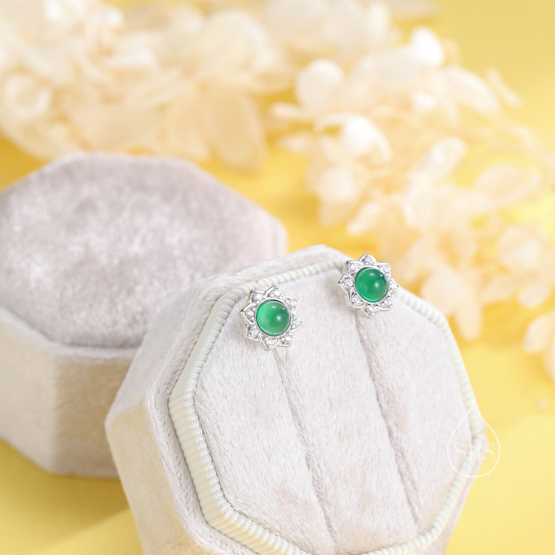Vintage Inspired Green Onyx Flower CZ Stud Earrings, Green Agate Halo CZ Earrings, Natural Green Jade Earrings