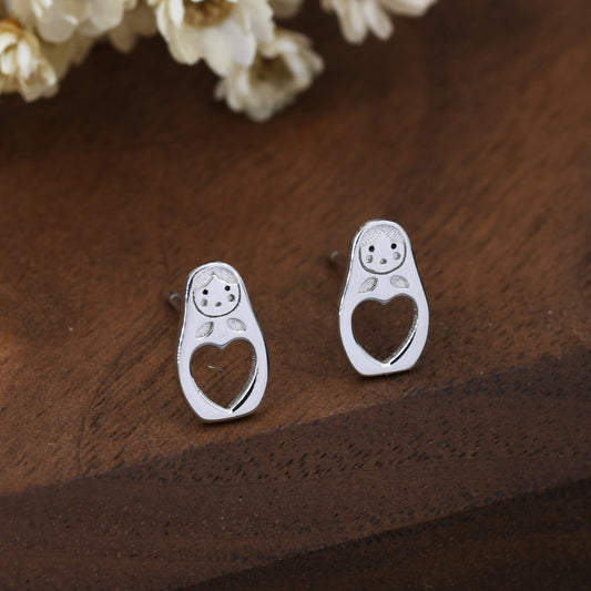 Sterling Silver Nesting Doll Stud Earrings, Silver Finish or Gold Finish, Nesting Doll Earrings