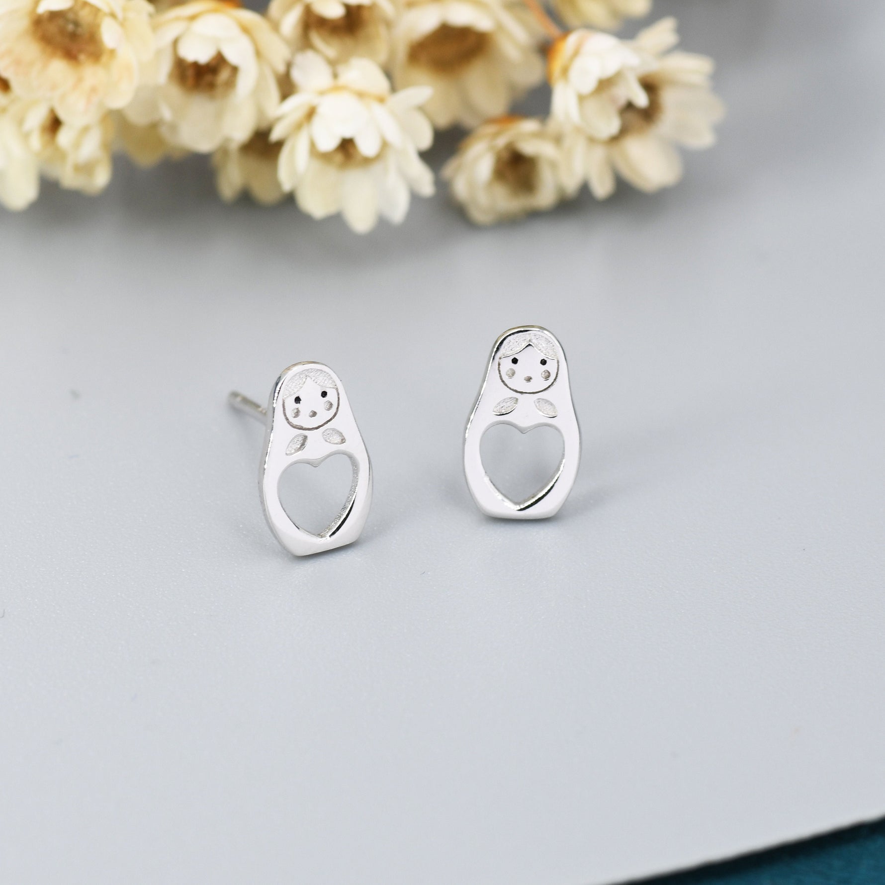 Sterling Silver Nesting Doll Stud Earrings, Silver Finish or Gold Finish, Nesting Doll Earrings