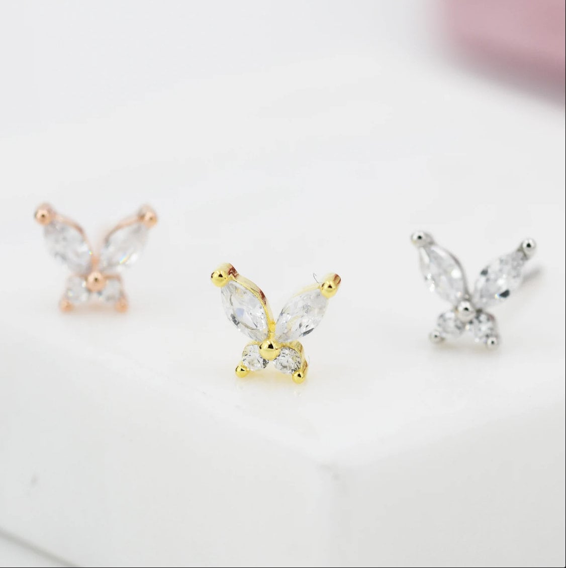 Sterling Silver CZ Butterfly Stud Earrings, Gold or Silver or Rose Gold, Marquise CZ Earrings, Stacking Earrings