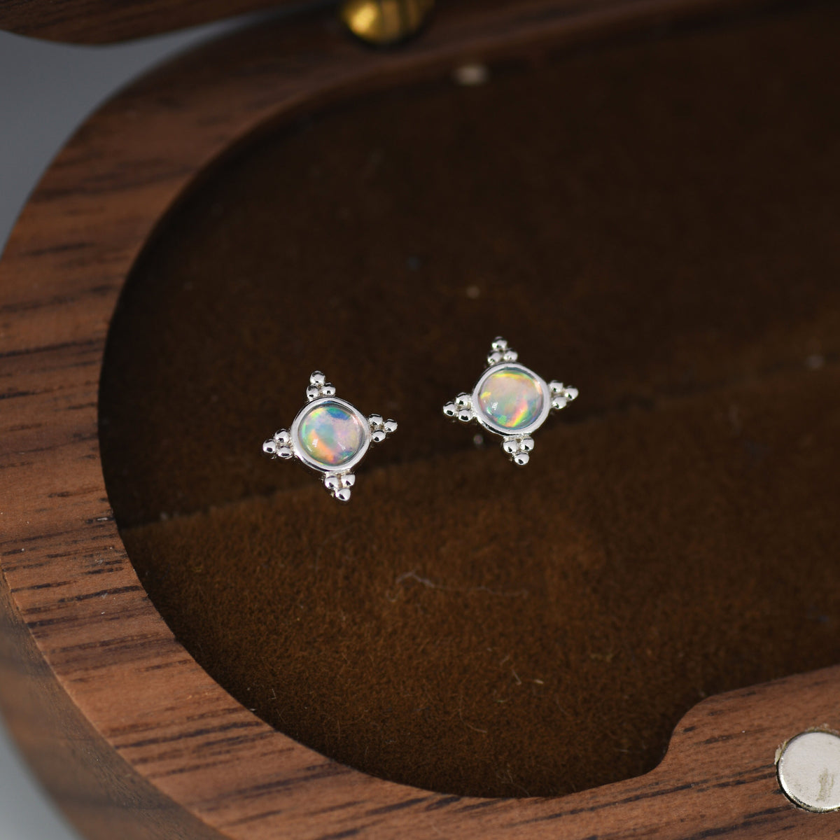 Vintage Inspired Opal Stud Earrings in Sterling Silver, Silver, Gold or Rose Gold, Three Dot Opal Earrings, Stacking Earrings