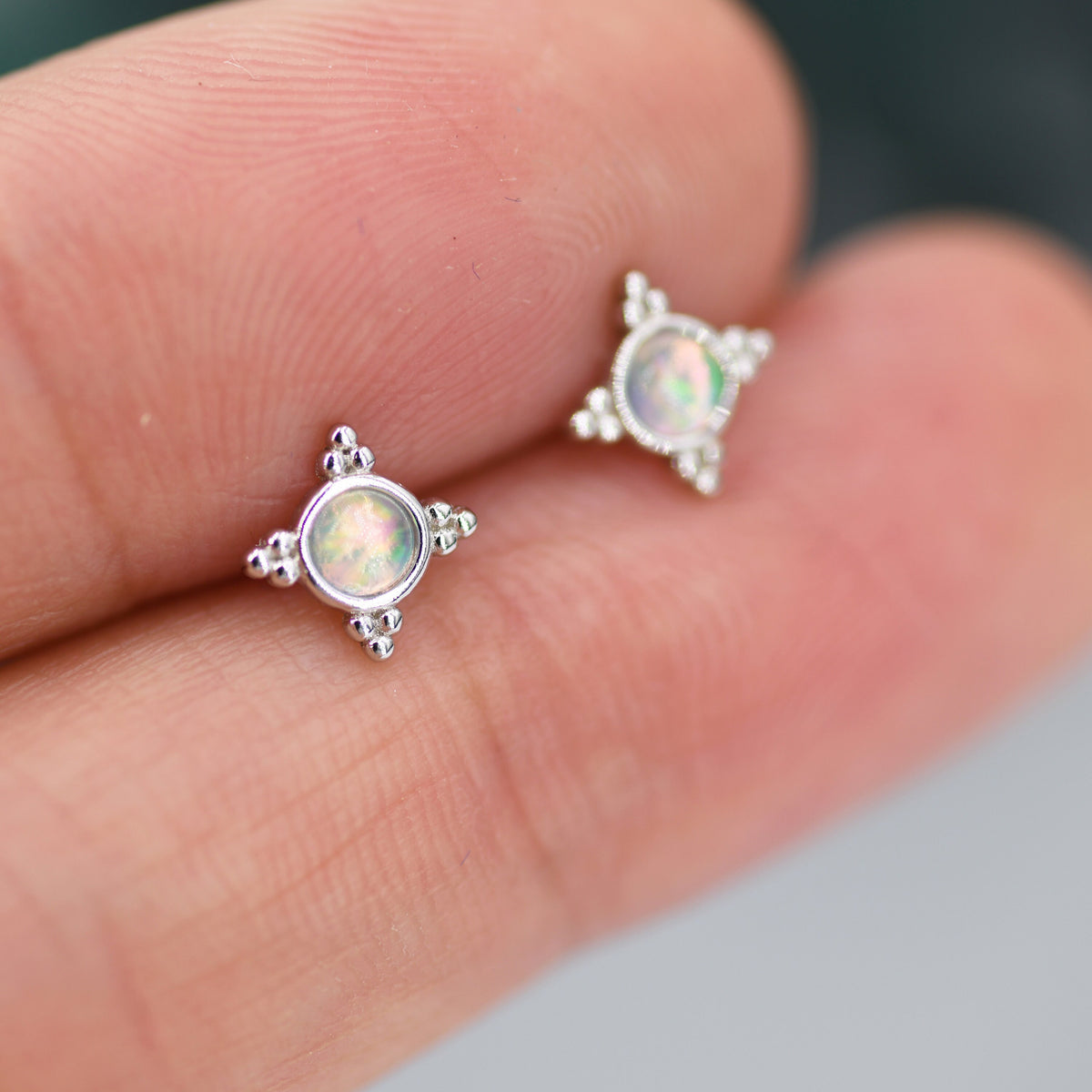Vintage Inspired Opal Stud Earrings in Sterling Silver, Silver, Gold or Rose Gold, Three Dot Opal Earrings, Stacking Earrings