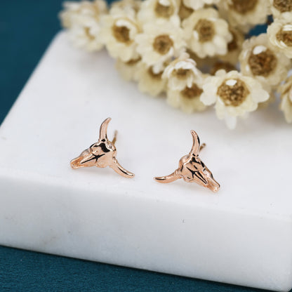 Sterling Silver Tiny Bull Skull Stud Earrings, Silver or Gold or Rose Gold,  Bull Skeleton Earrings in Sterling Silver