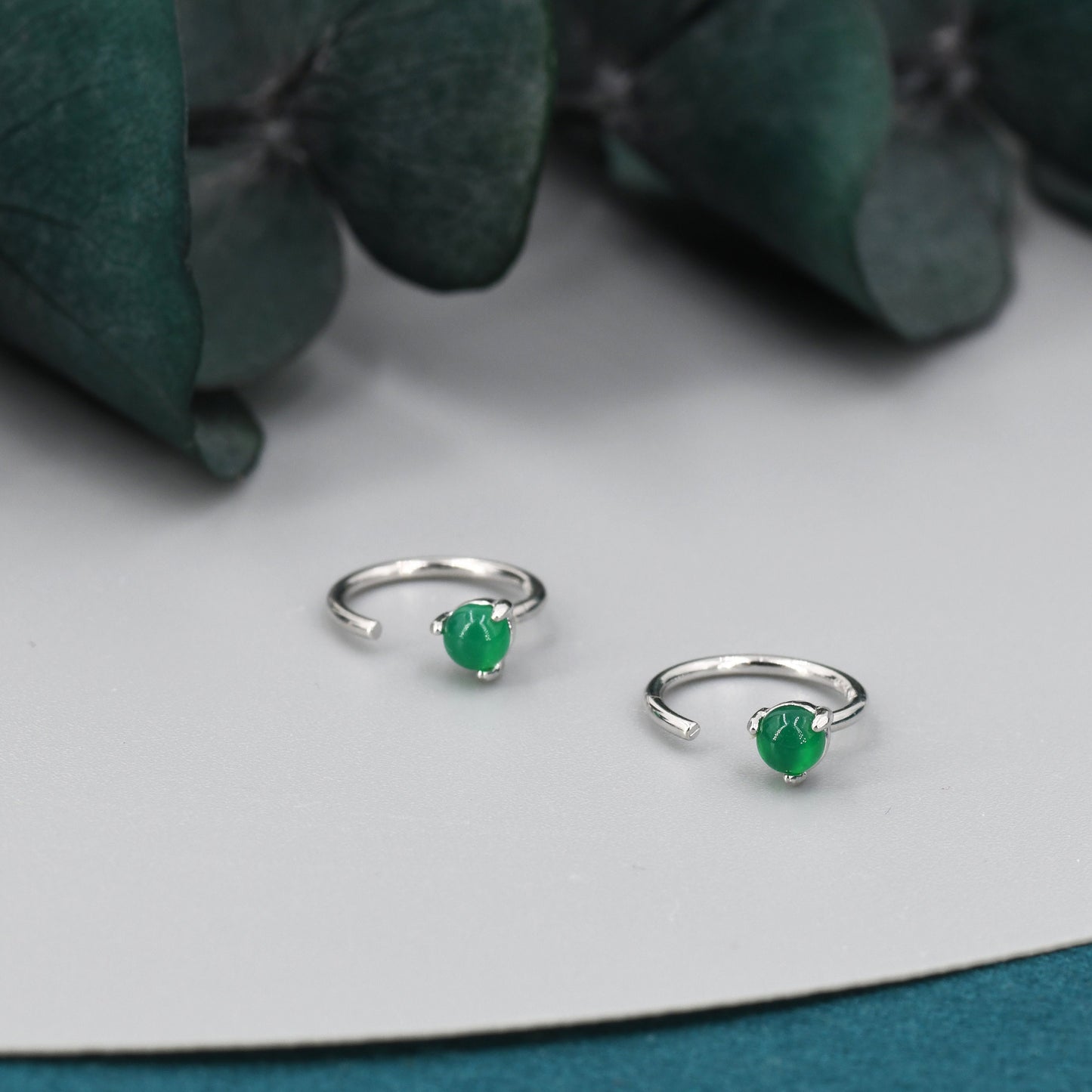 Genuine Green Onyx Huggie Hoop Earrings in Sterling Silver, 3mm Natural Green Onyx Open Hoops, Pull Through Threaders, Half Hoops, C Shape