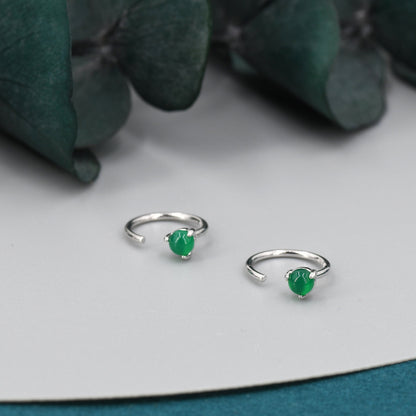 Genuine Green Onyx Huggie Hoop Earrings in Sterling Silver, 3mm Natural Green Onyx Open Hoops, Pull Through Threaders, Half Hoops, C Shape