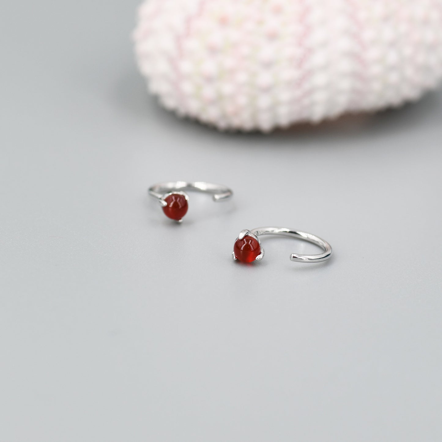 Genuine Red Onyx Huggie Hoop Earrings in Sterling Silver, 3mm Natural Red Chalcedony Open Hoops, Pull Through Threaders, Half Hoops, C Shape