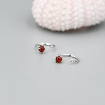 Genuine Red Onyx Huggie Hoop Earrings in Sterling Silver, 3mm Natural Red Chalcedony Open Hoops, Pull Through Threaders, Half Hoops, C Shape