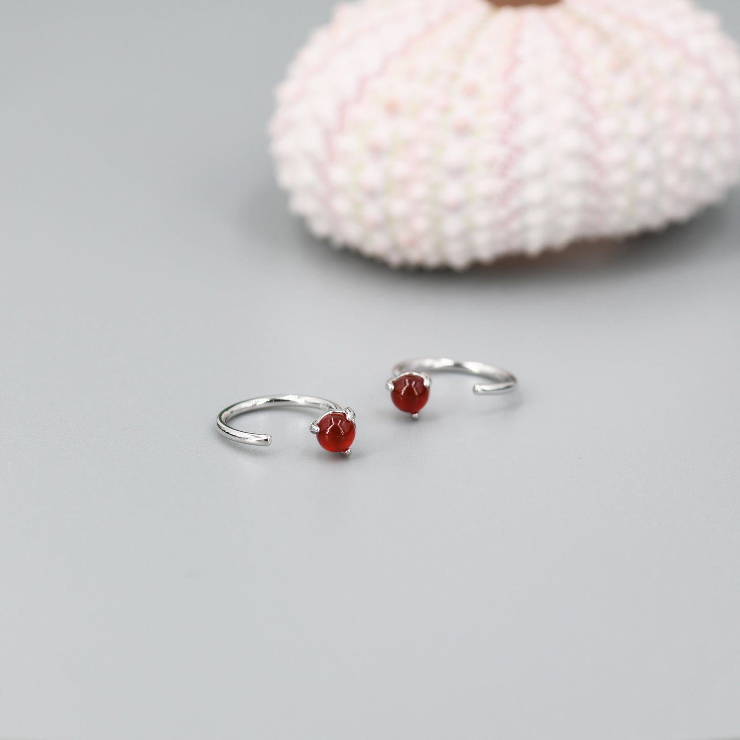 Genuine Red Onyx Huggie Hoop Earrings in Sterling Silver, 3mm Natural Red Chalcedony Open Hoops, Pull Through Threaders, Half Hoops, C Shape