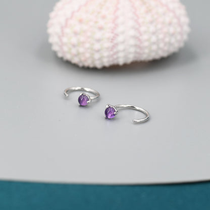 Genuine Amethyst Huggie Hoop Earrings in Sterling Silver, 3mm Natural Purple Amethyst Open Hoops, Pull Through Threaders, C Shape Half Hoops
