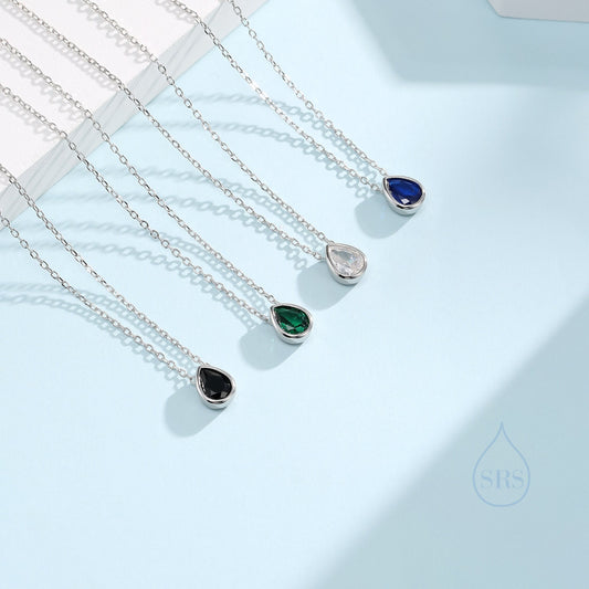 Tiny CZ Droplet Pendant Necklace in Sterling Silver, Silver or Gold, Minimalist Pear Cut CZ Necklace  Available in Black, Green, or Blue