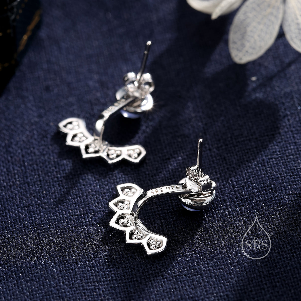 Fire Opal Lotus Ear Jacket in Sterling Silver, Lab Opal Lotus Jacket Earrings in Sterling Silver, Silver or Gold, Front and Back