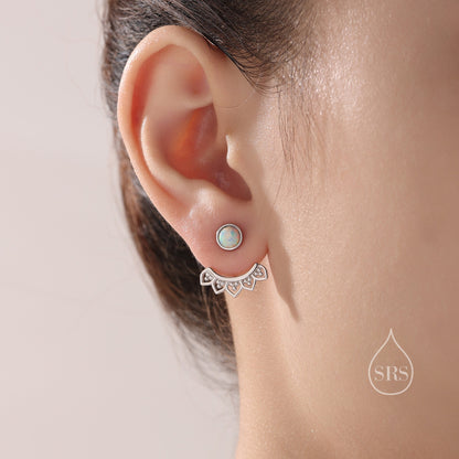 Aqua Green Opal Lotus Ear Jacket in Sterling Silver, Lab Opal Lotus Jacket Earrings in Sterling Silver, Silver or Gold, Front and Back