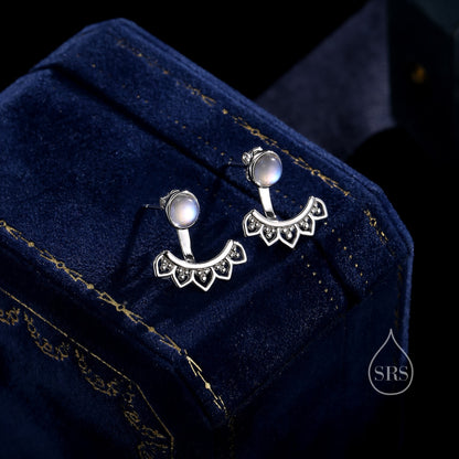 Moonstone Lotus Ear Jacket in Sterling Silver, Lab Moonstone Lotus Jacket Earrings in Sterling Silver, Silver or Gold, Front and Back