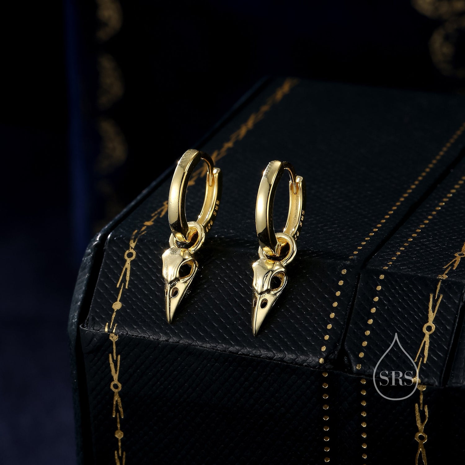 Sterling Silver Bird Skull Huggie Hoops, Silver, Gold or Rose Gold, Detachable Bird Skull Hoop Earrings, Bird Skull Charm Dangle Earrings