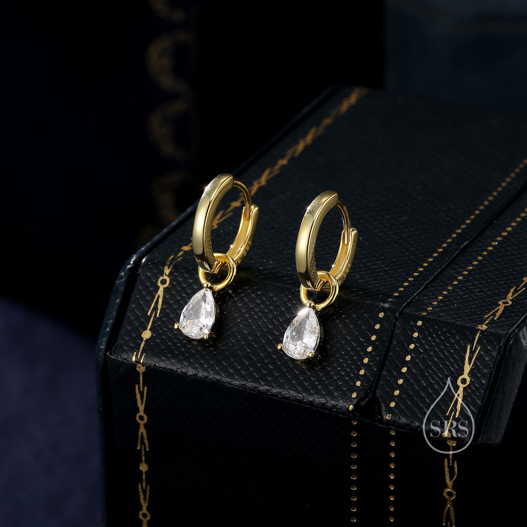 Sterling Silver Pear Cut CZ Droplet Hoop Earrings, Silver, Gold or Rose Gold, Droplet Dangle Hoop Earrings, Interchangeable Charms