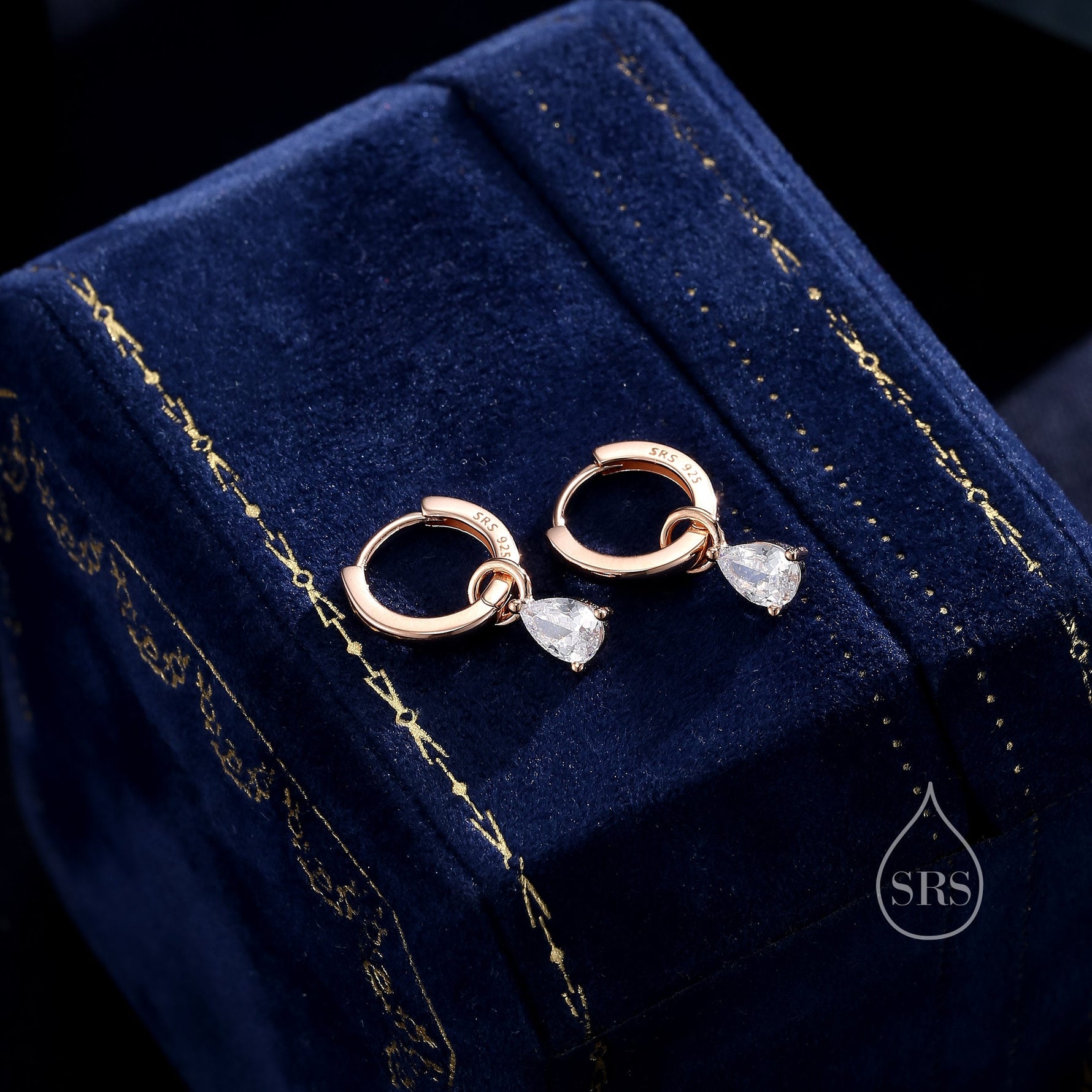Sterling Silver Pear Cut CZ Droplet Hoop Earrings, Silver, Gold or Rose Gold, Droplet Dangle Hoop Earrings, Interchangeable Charms