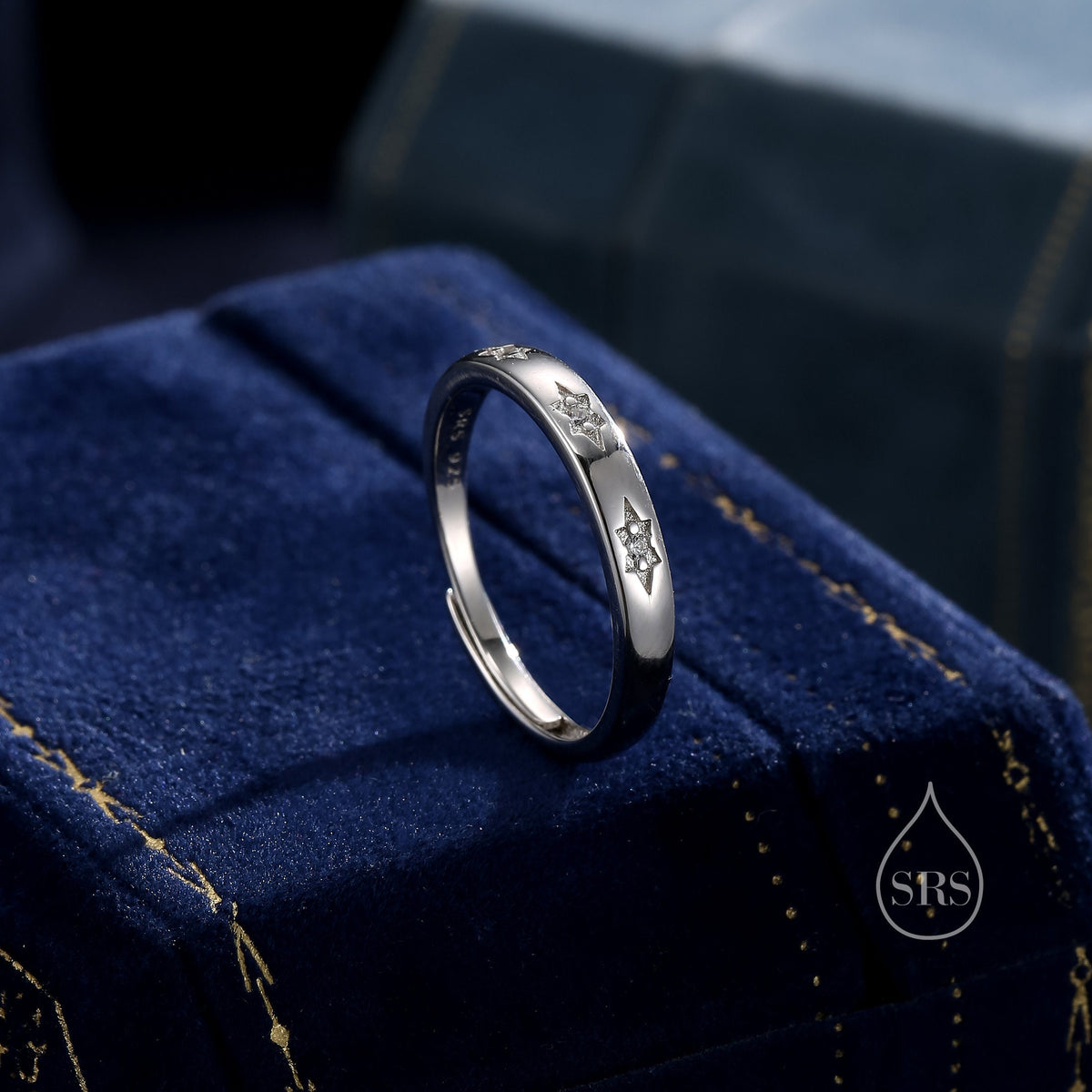 Starburst Ring in Sterling Silver, Adjustable Ring, Silver or Gold, CZ Star Ring, North Star Ring Band