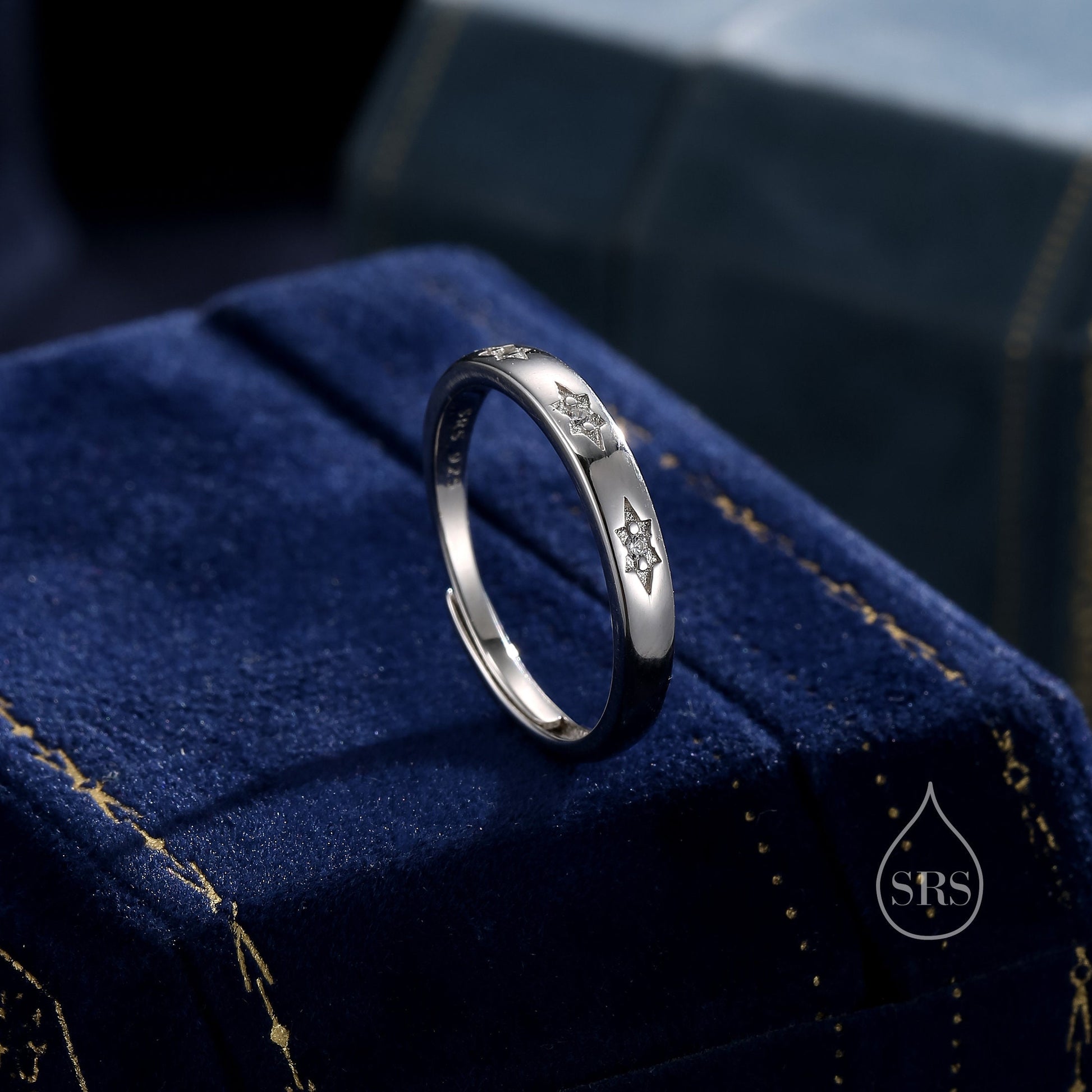 Starburst Ring in Sterling Silver, Adjustable Ring, Silver or Gold, CZ Star Ring, North Star Ring Band