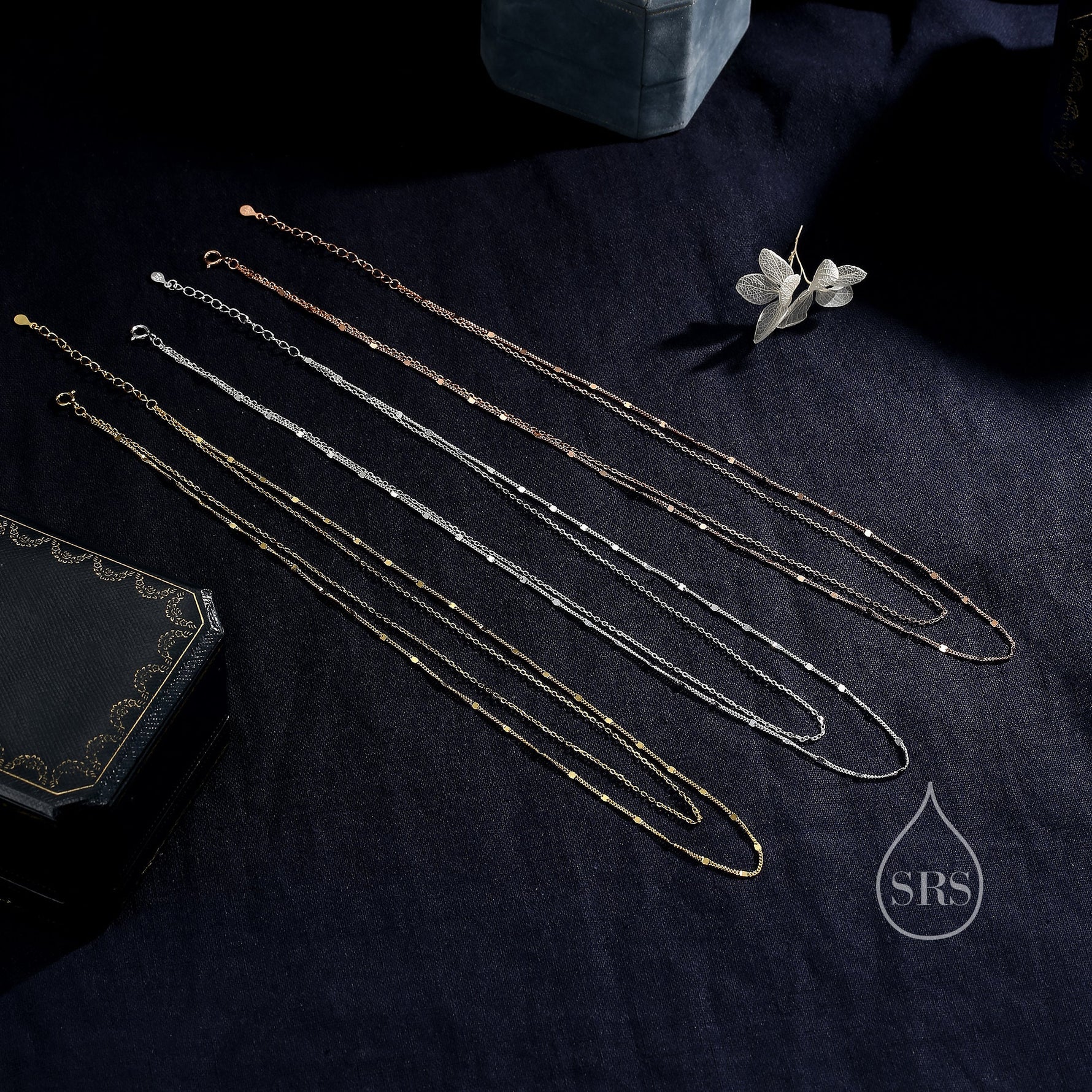 Double Layer Necklace in Sterling Silver with Sparkle Disk Chain, Silver or Gold or Rose Gold, Delicate Two Layer Chain Necklace