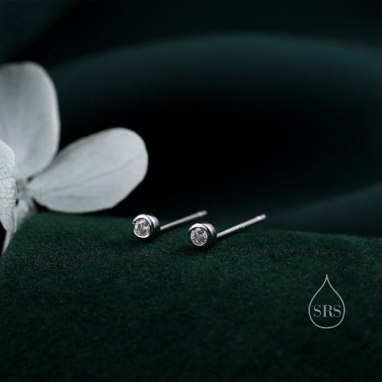 Extra Tiny 2mm CZ Stud Earrings in Sterling Silver, Silver or Gold, 2mm CZ Earrings, Blue, Green, Black, Turquoise, Clear