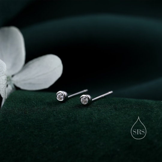 Extra Tiny 2mm CZ Stud Earrings in Sterling Silver, Silver or Gold, 2mm CZ Earrings, Blue, Green, Black, Turquoise, Clear
