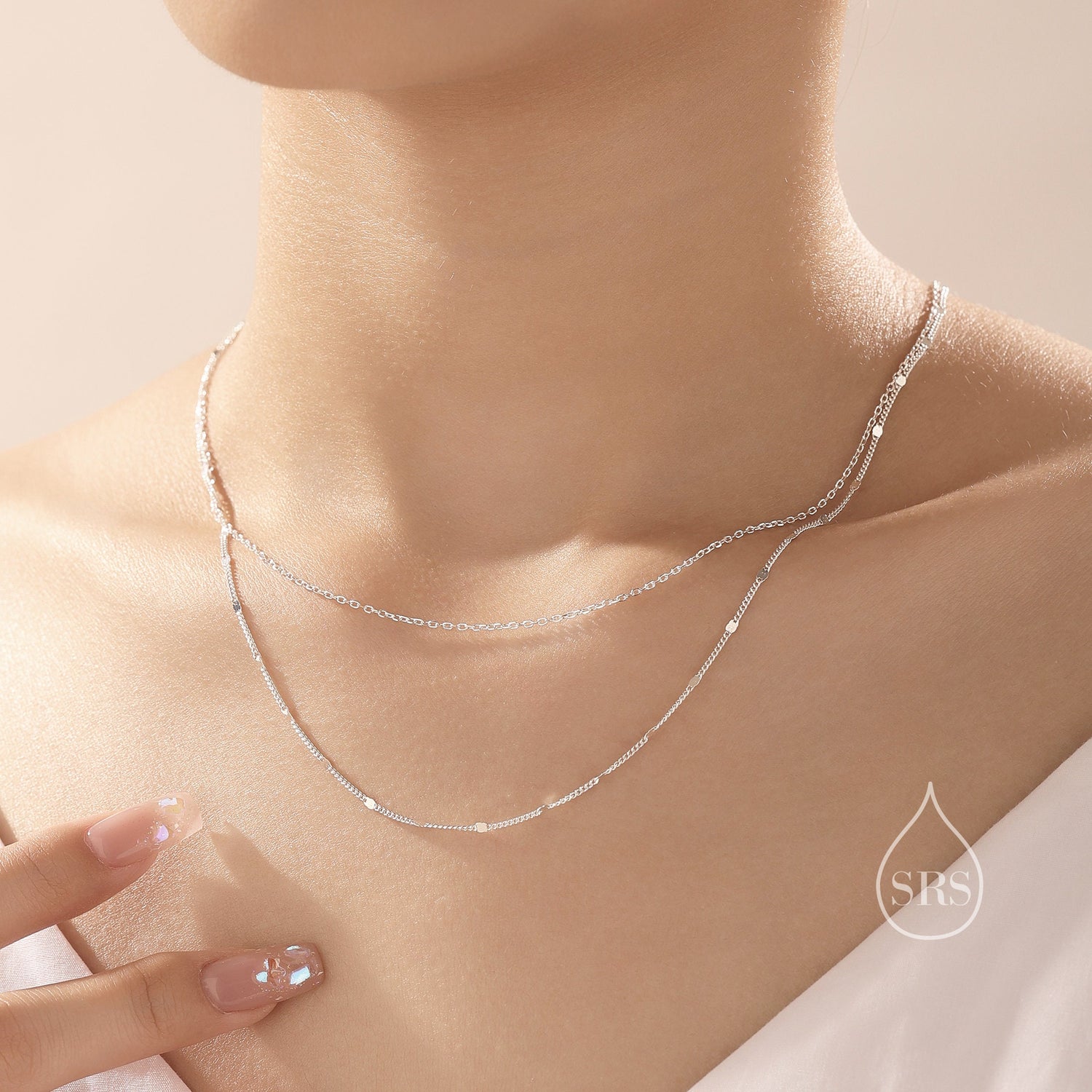 Double Layer Necklace in Sterling Silver with Sparkle Disk Chain, Silver or Gold or Rose Gold, Delicate Two Layer Chain Necklace