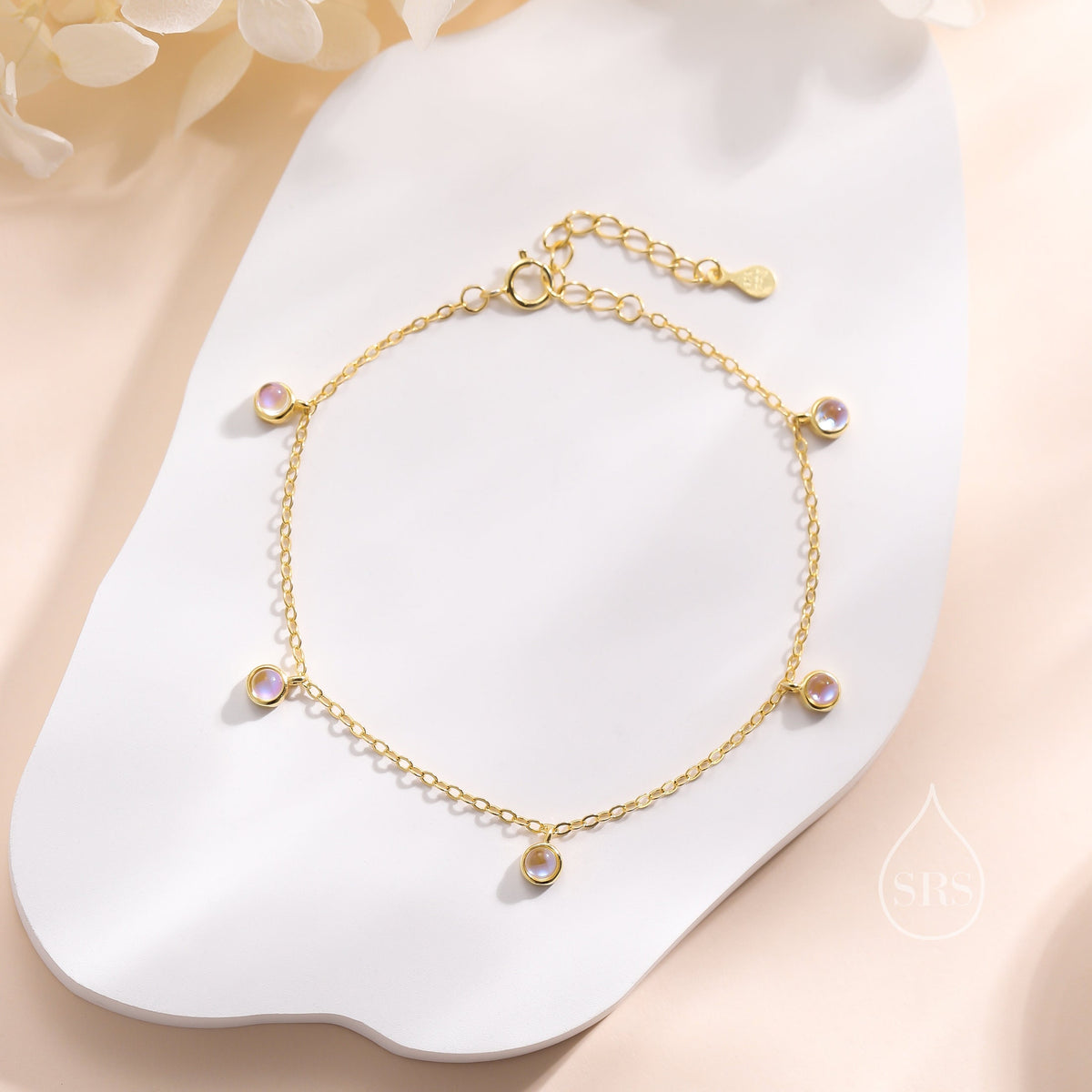 Delicate Moonstone Charm Bracelet in Sterling Silver, Silver or Gold, Silver Moonstone Bracelet