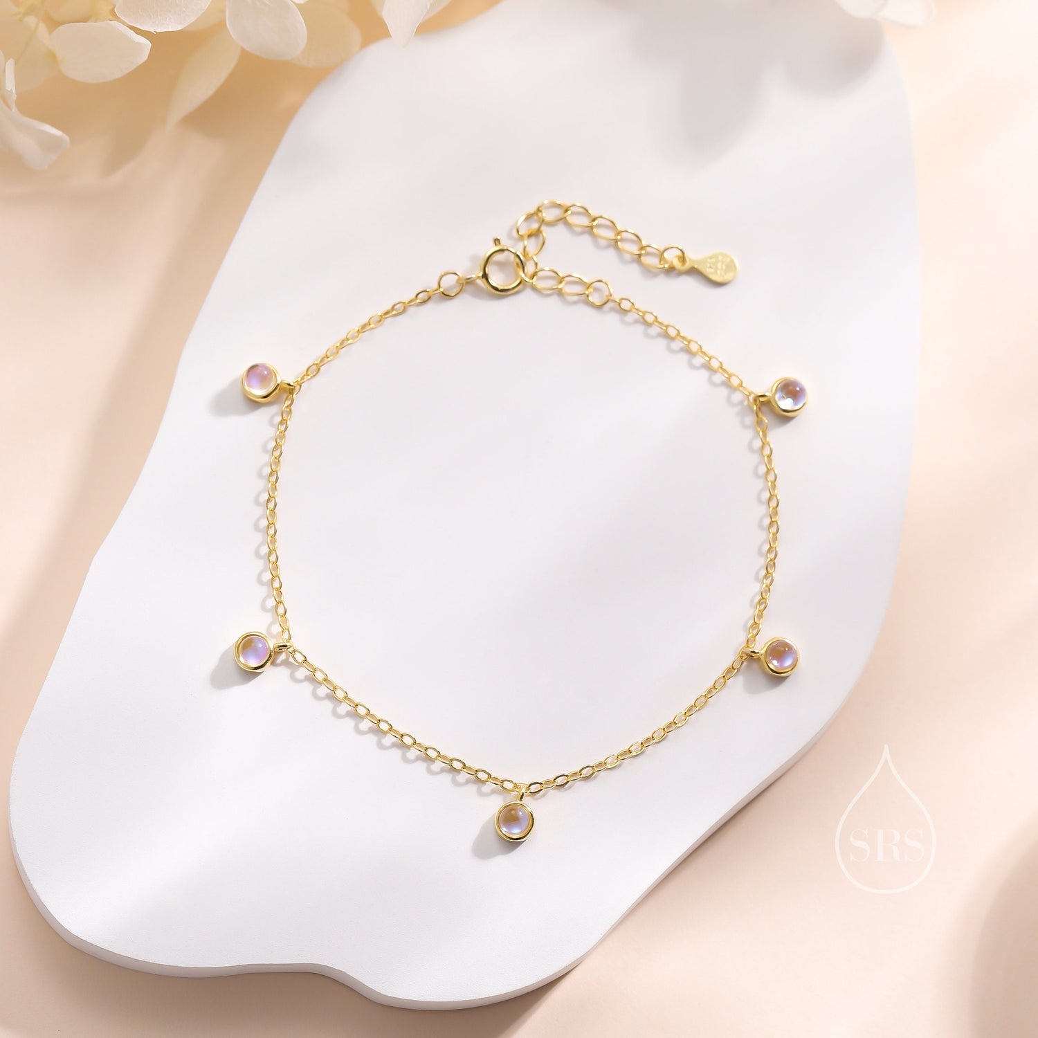 Delicate Moonstone Charm Bracelet in Sterling Silver, Silver or Gold, Silver Moonstone Bracelet